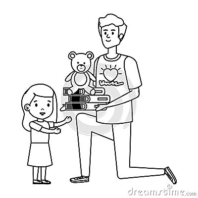 Man volunteer giving a girl books and bear teddy Vector Illustration