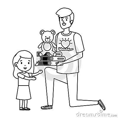 Man volunteer giving a girl books and bear teddy Vector Illustration