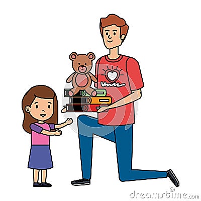 man volunteer giving a girl books and bear teddy Cartoon Illustration