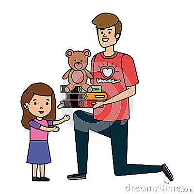 man volunteer giving a girl books and bear teddy Cartoon Illustration