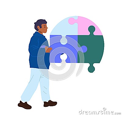Man volunteers character bringing part of heart shape connected puzzle pieces to make donation Vector Illustration