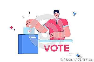A man votes at a polling station. A young man throws a piece of paper with his vote into the ballot box. Vector Illustration