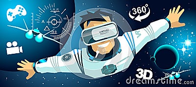 Man in a vr glasses in 3d virtual reality space icons Stock Photo