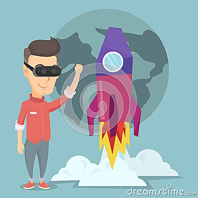 Man in vr headset flying in open space. Vector Illustration