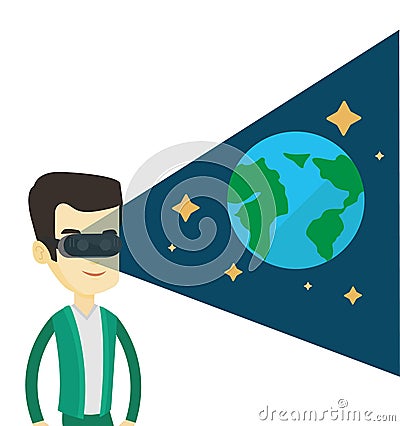 Man in vr headset getting in open space. Vector Illustration