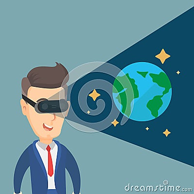 Man in vr headset getting in open space. Vector Illustration