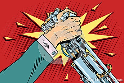 Man vs robot Arm wrestling fight confrontation Vector Illustration