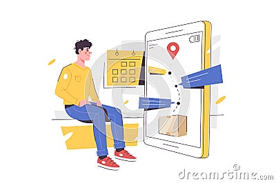 Man wait for delivery, online route on smartphone Vector Illustration