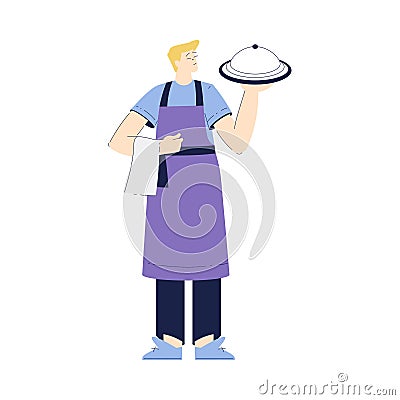 Man Waiter Character in Purple Apron Standing with Tray Vector Illustration Vector Illustration