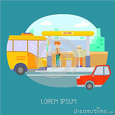 Man waiting for bus at bus stop Vector Illustration