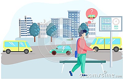 Man waiting for bus standing near road thinking which type of transport to choose, make decision Vector Illustration