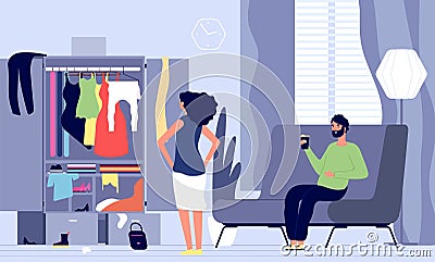 Man waiting woman. Family going to go for walk, evening date. Girl has nothing to wear. Female stands in front of closet Vector Illustration