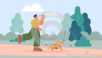 Man walk with dog on leash in park Vector Illustration