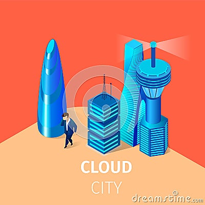 Man Walk at Smart Cloud City Intelligent Buildings Vector Illustration