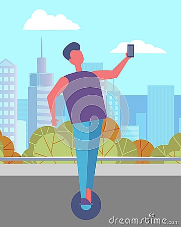 Man Riding Hoverboard or Gyroscooter in City Park Vector Illustration