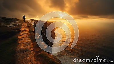 Man walking along the path at the edge of a cliff. Seaside during the golden hour at sunset. Freedom, adventurous. Generative AI Stock Photo