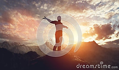 Man walking and balancing on mountain at sunset Cartoon Illustration