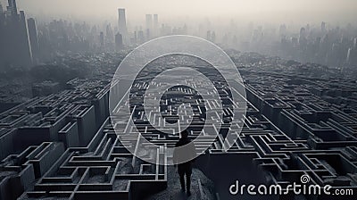 Man walking into big labyrinth finding solution concept. Man walking through a maze to access the exit. Cartoon Illustration