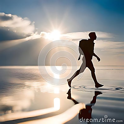 Man walking casually on water - ai generated image Stock Photo