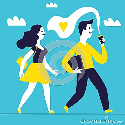 Man walking with coffee and girl smells coffee behind him Vector Illustration