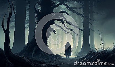 Man walking in dark fantasy horror forest Stock Photo