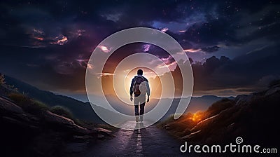 Man walking through the dark landscape towards the light shining through the clouds. Path leading to light. Generative AI Stock Photo