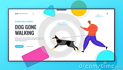 Man Walking with Doberman Dog Website Landing Page, Character Jogging with Pet, Morning Exercising, Domestic Animals Vector Illustration