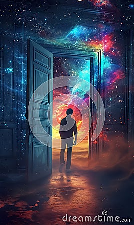 man walking into fantastic world through open door, new beginnings and new life, gate to heaven, afterlife and paradise Stock Photo