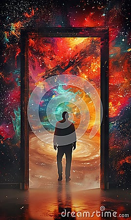 man walking into fantastic world through open door, new beginnings and new life, gate to heaven, afterlife and paradise Stock Photo