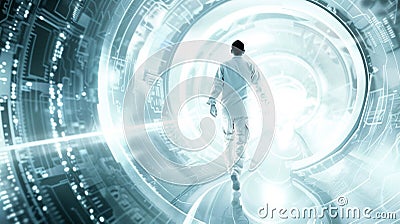 Man Walking into a Futuristic Portal Stock Photo
