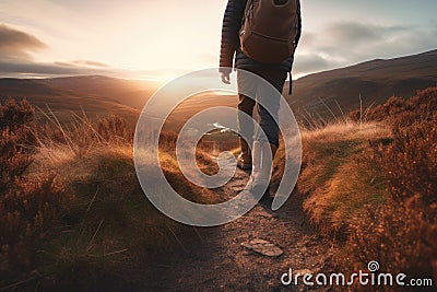 Man walking in hiking boots at unset on a hiking trail. Generative AI Stock Photo