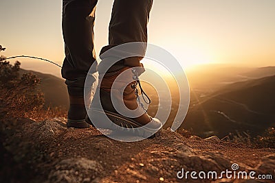Man walking in hiking boots at unset on a hiking trail. Generative AI Stock Photo