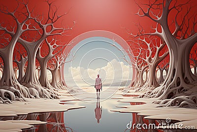 man walking in magic location, surreal world. Stock Photo