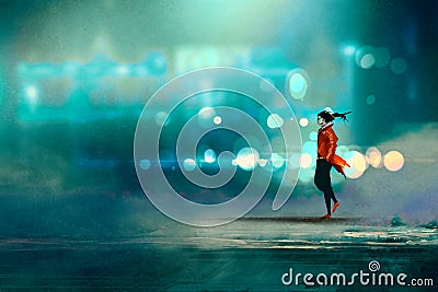 Man walking at nigh,gorgeous cold bokeh background Cartoon Illustration