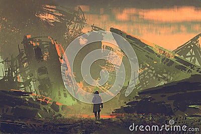 The man walking out from ruined planes Cartoon Illustration