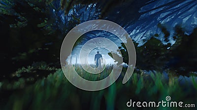 Man walking on a path in a strange dark forest with fog. 3d rendering Stock Photo