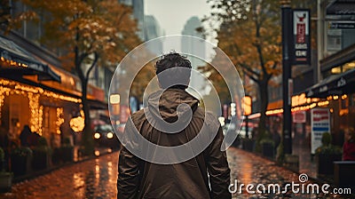 Man walking on roadside in urban city back view. Generative AI. Stock Photo