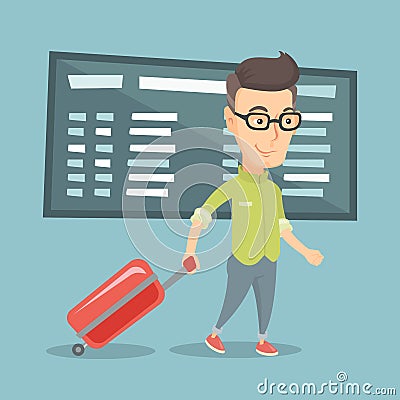 Man walking with suitcase at the airport. Vector Illustration