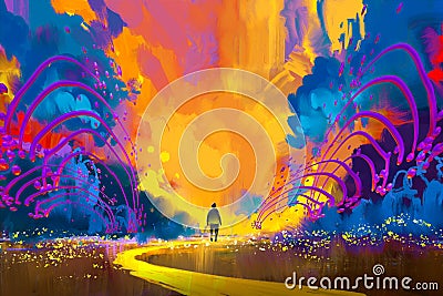 Man walking to abstract colorful landscape Cartoon Illustration