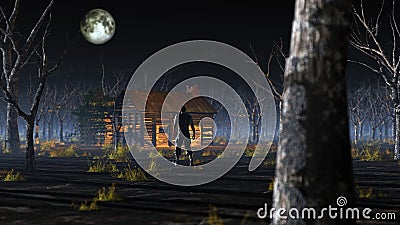 Man walking to remote wooden cabin in misty landscape with dead trees. Stock Photo