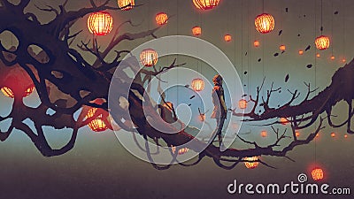 Man walking on tree branch with red lanterns Cartoon Illustration