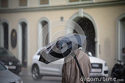 Man walking with umbrella, rear view Editorial Stock Photo