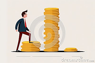 Man walking up to money coin, cartoon version. business finance, Generative ai Stock Photo