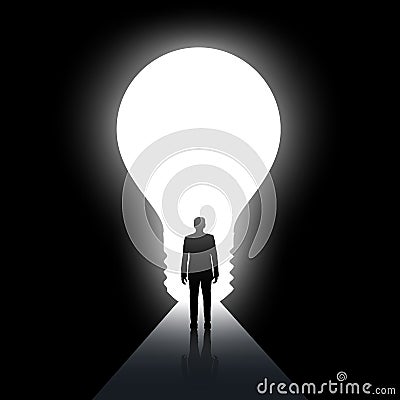 Man walks along the dark corridor. Exit in the form of light bulb. Stock vector illustration. Vector Illustration