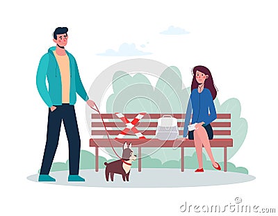 A man walks a bulldog dog. People keep their distance in the park. A socially safe distance between people so as not to Vector Illustration