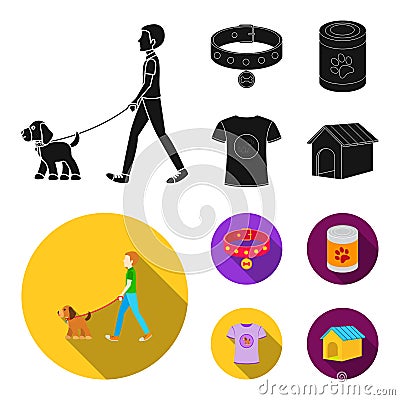 A man walks with a dog, a collar with a medal, food, a T-shirt I love dog.Dog set collection icons in black, flat style Vector Illustration