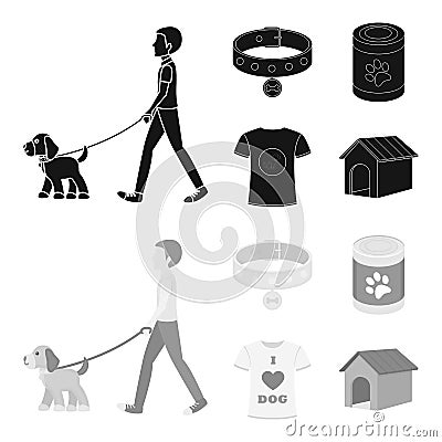 A man walks with a dog, a collar with a medal, food, a T-shirt I love dog.Dog set collection icons in black,monochrom Vector Illustration