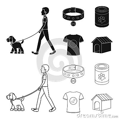 A man walks with a dog, a collar with a medal, food, a T-shirt I love dog.Dog set collection icons in black,outline Vector Illustration