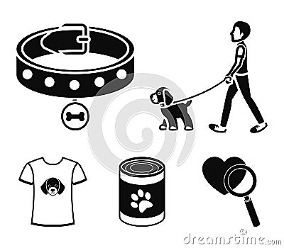 A man walks with a dog, a collar with a medal, food, a T-shirt I love dog.Dog set collection icons in black style vector Vector Illustration