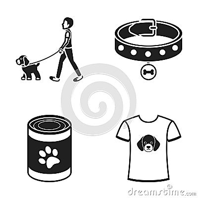 A man walks with a dog, a collar with a medal, food, a T-shirt I love dog.Dog set collection icons in black style vector Vector Illustration